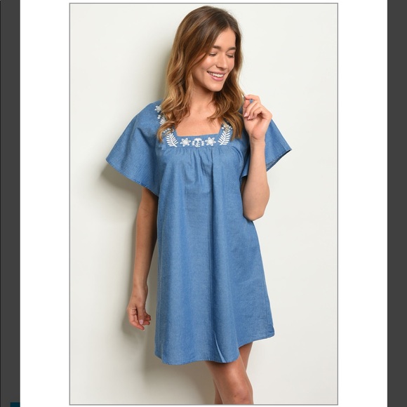 Dresses & Skirts - Indigo Boho Dress / Chambray / Blue / Embroidered